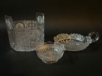 Vintage Cut Glass Ice Bucket And Candy Dish With Daisy Motif With A Small Pressed Glass Bowl