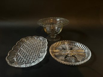 Vintage Glass Trays And Etched Glass Pedestal Condiment Bowl