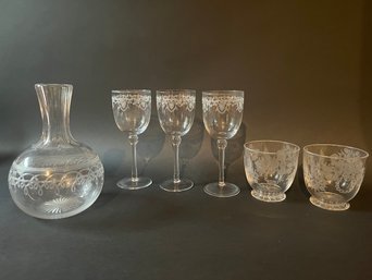 Vintage Etched Glass Decanter, Three Etched Glass Wine Glasses And Two Etched Tumblers