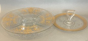 Vintage Glass And Gold Lace Trim Serving Platers