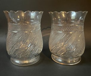 Pair Of Vintage Cut Glass Hurricanes Or Large Vases