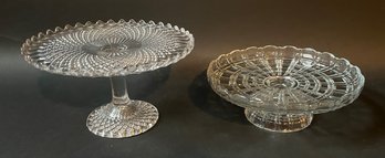 Two Pressed Glass Small Cake Plates With Hobnail And Geometric Patterns