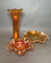 Collection Of Fenton Marigold Carnival Glass, Including:  Basket Weave Bowl, Dragon And Lotus Bowl, And Vase