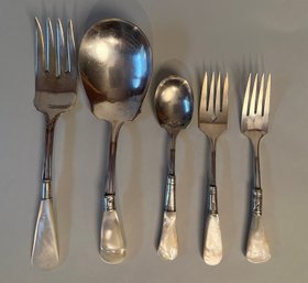 Faux Mother Of Pearl Handled Flatware And Serving Pieces With Sterling Silver Cuff And Silverplate Utensil