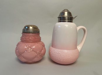 EAPG Beaumont Glass Acorn Pink Opaque Syrup Pitcher And Northwood Glass Pink Quilted Sugar Caster, C 1900