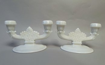 Fenton Daisy & Button White Opalescent And Milk Glass Double Candlesticks, C 1970s