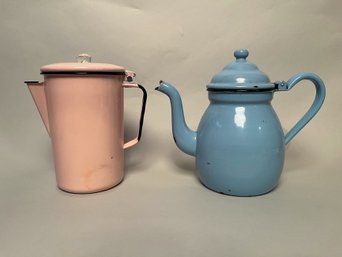 Midcentury Pink Enamel Coffee Percolator And Blue Enamel Coffee Pot