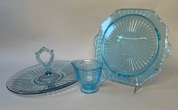 Group Of 3 Pieces Of Blue Depression Glass With Floral Motifs