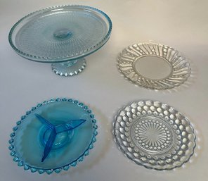 Blue Depression Glass Cake Plate, Divided Serving Dish And Two Bubble Glass Plates