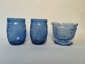 Two Blue Votive Candle Holders With Blue Pressed Glass Cup