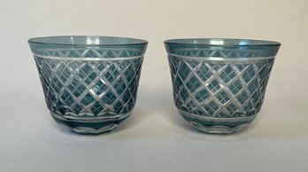 Two Bohemian Blue Cut To Clear Crystal Votives