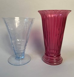 Two Glass Vases, One Cranberry And One Etched Pale Blue Glass