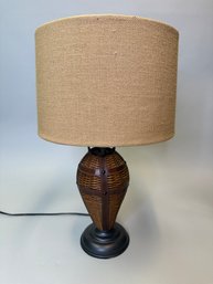 British Colonial Style Table Lamp With Wicker And Leather Accents