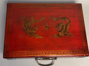 Mah-Jongg Set In Roed Painted Wood Case With Dragon Decoration