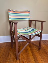 Vintage Folding Directors Chair With Multicolored Striped Canvas Seat And Back
