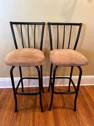 Two Brown Painted Metal Counter Stools