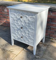 Three Drawer Gray Painted Bedside Table With Geometric Fretwork Decoration