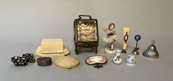 Collection Of Miniatures - Jewelry Case, Mirror, Bells, Stamp, Antique Ring Box, Sterling Box, And More