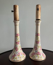 Pair Of Pink And Blue Floral Decorated Porcelain Candlestick Lamps