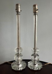 Vintage Pair Of Made In USA Hand Cut And Etched Glass Pillar Lamps
