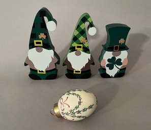 Three Wood Painted Christmas Gnomes And Christmas Ornament