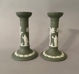 Pair Of Wedgwood Green Jasperware Candlesticks