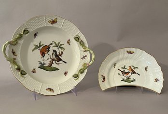 Herend Rothschild Bird Two Handled Chop Plate With Crescent Salad Dish