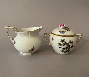 Herend Rothschild Bird Covered Sugar Bowl With Rose Finial And Creamer