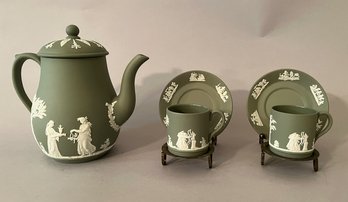 Wedgwood Green Jasperware Teapot And Two Tea Cups