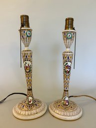 Pair Of Vintage Porcelain Candlestick Lamps With Peacock Decoration, Dresden, Germany