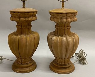 Pair Of Wood Carved Urn Shaped Lamps