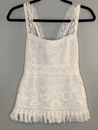 Nanette Lepore Size 2 Lace Strap Tank In Cream With Fringe Along The Bottom