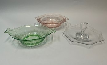 Collection Of Pink And Green Depression Glass