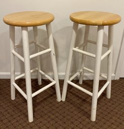 Two White Painted Wood Bar Stools
