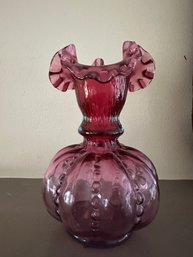 Fenton Cranberry Glass Vase With Ruffle Edge