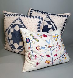 Pair Of Quilted Pillows With Embroidered Bird Throw Pillow