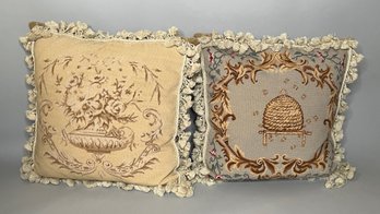 Two Embroidered, Velvet Backed Square Pillows By Katha Diddle Home Collection, NY