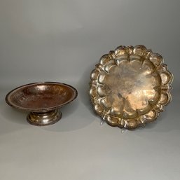 Unmarked Silvertone Bowl With Unmarked Silver Round Tray