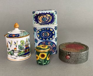Group Of Four Miniature Trinket Boxes: Halcyon Days, Limoges, Staffordshire
