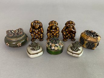 Group Of Eight Metal And Enamel Miniature Trinket Boxes In Flora And Fauna Motifs