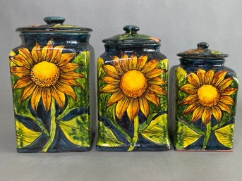 Set Of 3 Hand Painted Covered Jars