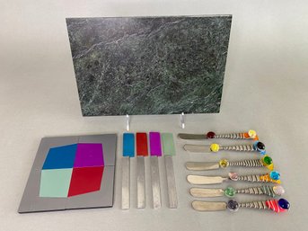 David Tisdale For Erika Aluminum Coasters & Knives With Marble Cheeseboard & Abstract Art Glass Cheese Knives