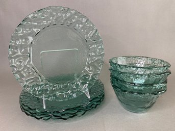 Set Of Green Glass Salad/cereal Bowls And Luncheon Plates