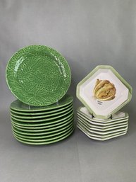 Set Of 12 Green Glazed Stoneware Dinner Plates With 8 Italian Small Plates Of Similar Style