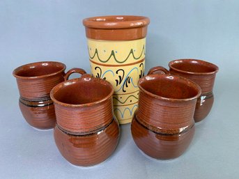 Glazed Spanish Stoneware Canister And 4 Mugs Of Similar Style