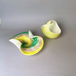 Murano Glass Bowl In Yellows And Greens And Yellow Basket