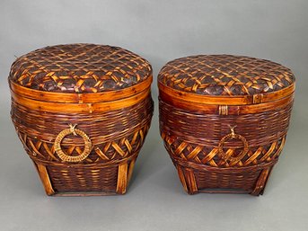 Two Round Wicker Baskets With Lids