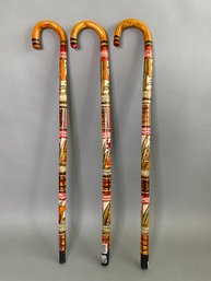 Group Of 3 Carved And Hand Painted Decorative Canes, Crafted In Mexico