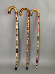 Group Of 3 Carved And Hand Painted Decorative Canes, Crafted In Mexico