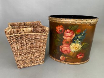 Floral Decorated Waste Basket With Woven Waste Basket
